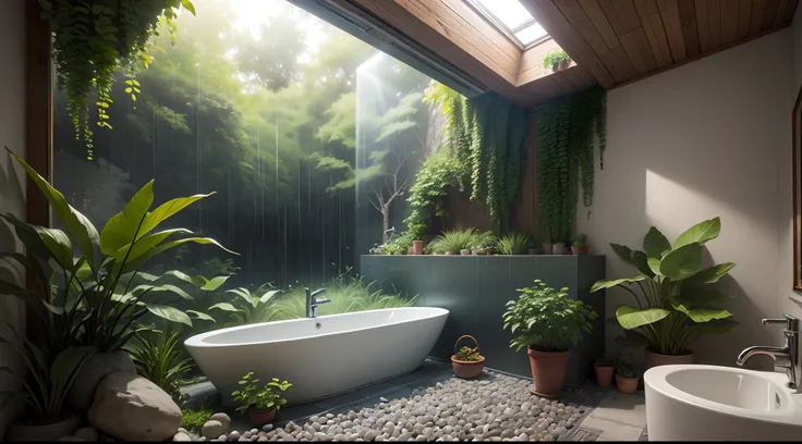 cozy bathroom made out of pebbles with a lot of rain forest plants and a sky light