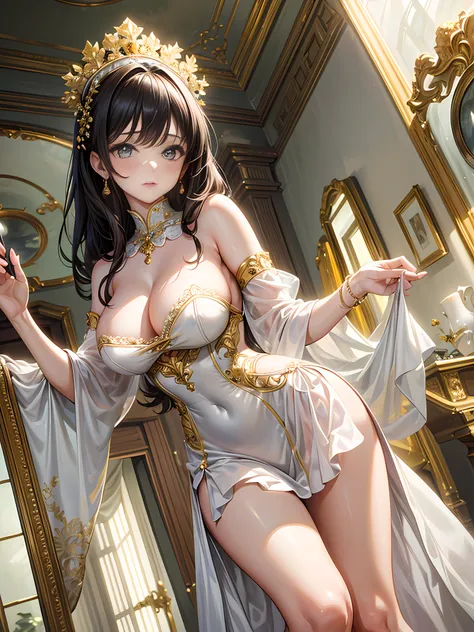 (Masterpiece), (Best quality), (Ultra-detailed), image_type: Portrait | Sexual huge breasts cleavage: Fashion | Emotion: elegant | scene: A young girl in a yellow and white maid outfit stands elegantly in an elegantly decorated interior room | Beautiful li...