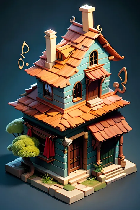 An isometric image of a house that belongs to a Greek muse, with a harp and other musical instruments, mood is direction, discovery, motivation, rapport, moving, observing.