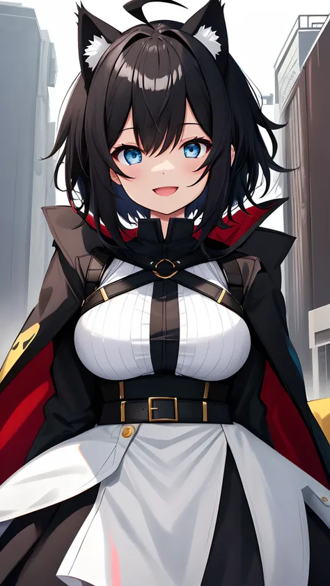 ,((Upright)), ((Arms at sides)), Looking at Viewer, simple background、White background, 1girl in, Open mouth, Smile, Virtual Youtuber、girl with、((Best Quality, high_resolution, Distinct_image)),(Black hair), (Black cat ears), (Ahoge), (absurdly short hair)...