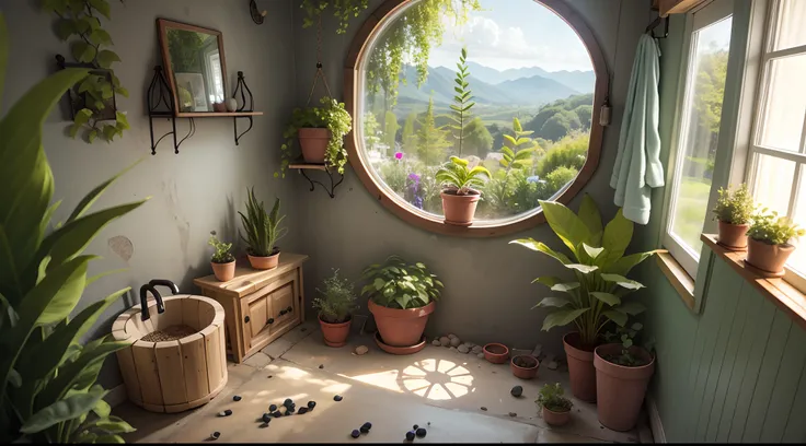 cozy tiny house bathroom made out of pebbles with a lot of plants and a sky light