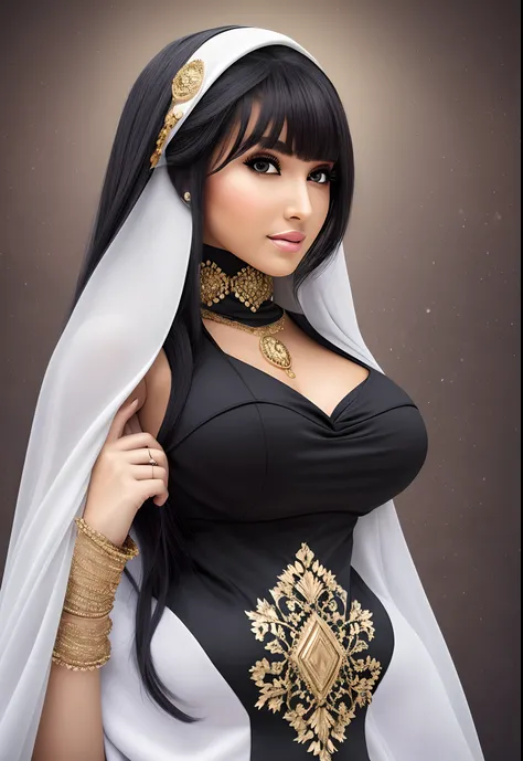 Beautiful muslim lady, black hair, white face, fantasy, wearing white hijab, masterpiece, DSLR photography, sharp focus, Unreal Engine 5, 8K, photoshoot, best quality, uneven bangs (emphasis: 1.2), 25th aged female, jet-black parted hair, styled with pomad...