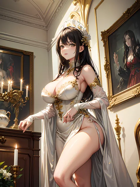 (Masterpiece), (Best quality), (Ultra-detailed), image_type: Portrait | Sexual huge breasts cleavage: Fashion | Emotion: elegant | scene: A young girl in a yellow and white maid outfit stands elegantly in an elegantly decorated interior room | Beautiful li...