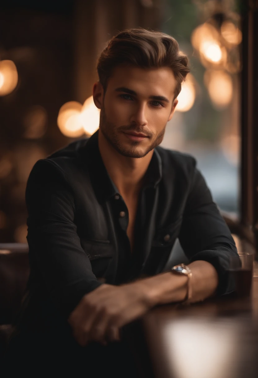 (mise au point nette: 1.2), photo (corps entier) (American Apartment), Attrayant jeune homme de 25 ans, Menu de lecture, sitting in a Parisian café, (beau visage: 1.1), Light brown eyes detailed, Delicious lips, (maquillage des yeux: 0.85), (seins moyens: ...