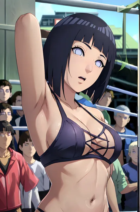 (ultra detailed body, ultra detailed face), ((solo)), anime style, hires, ((pro wrestling arena, pro wrestling match, crowd watching)), (hinata(boruto), (female wrestler), (slender body, broad shoulders, shaved armpit), mature woman, milf, (black bikini, u...