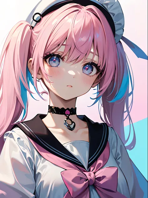 (Masterpiece, Best quality, ultra high resolution),1girl,pink hair,short twintails,(multicolored dress,pink and blue dress),choker,sailor hat, beautiful and detailed face, detailed eyes,((grey and pink theme))