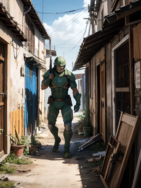 a spartan soldier invading a brazilian favela, photorealistic, taken using the Canon EOS R camera with a 50mm f/1.8 lens, f/2.2 aperture, shutter speed 1/200s, ISO 100 and natural light, Full Body, Hyper Realistic Photography, Cinema, Cinema, Hyperdetail, ...