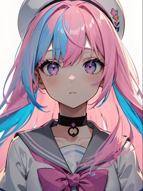 (Masterpiece, Best quality, ultra high resolution),1girl,pink hair,(multicolored hair,pink and blue hair),choker,sailor hat, pink sailor suit,beautiful and detailed face, detailed eyes,((grey and pink theme))