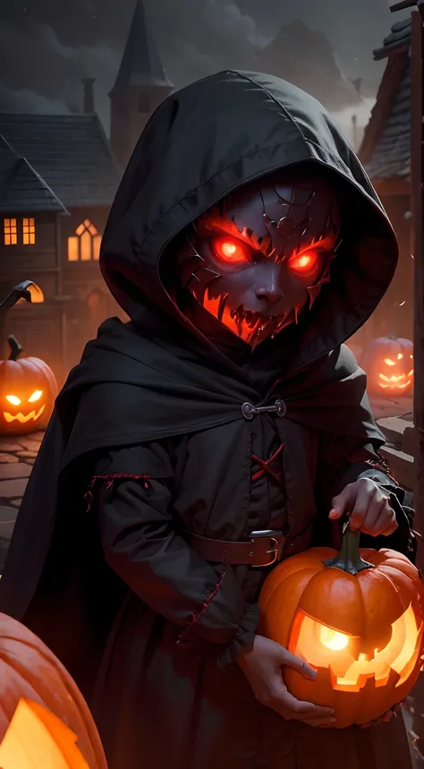 masterpiece, 1600s, (Night Shade), young humanoid, character, horror, pumpkin head, dark, hood, long blade, night time, cold, glowing red eyes, outside, village, evil, from hell, fall weather,