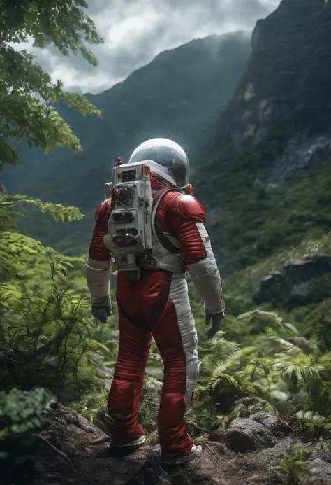 (35mmstyle:1.2), Highly detailed RAW color Photo, Rear Angle, Full Body, of (female space marine, wearing white and red space suit, futuristic helmet, tined face shield, rebreather, accentuated booty), outdoors, (standing on Precipice of tall rocky mountai...