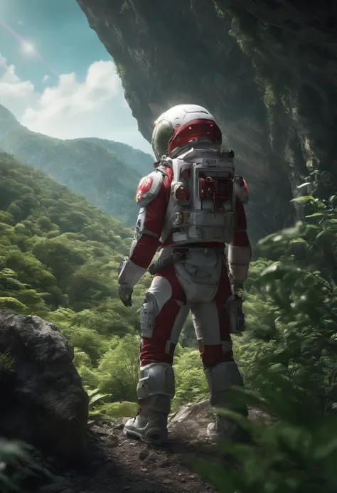 (35mmstyle:1.2), Highly detailed RAW color Photo, Rear Angle, Full Body, of (female space marine, wearing white and red space suit, futuristic helmet, tined face shield, rebreather, accentuated booty), outdoors, (standing on Precipice of tall rocky mountai...