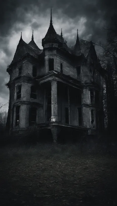 abandoned house near the forest, gray clouds before the rain, gloomy atmosphere