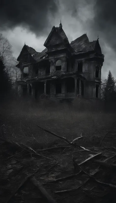 abandoned house near the forest, gray clouds before the rain, gloomy atmosphere