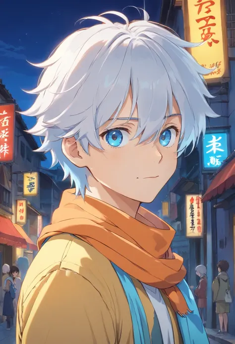 ((Masterpiece, Best quality)), (1boys), (Solo), (Male focus), (White hair, Short hair, TIGS light blue),soft blue eyes,(White pupils) , Light smile, Depressed expression, ((Yellow shirt), (Overall), ((overall light blue), ((Blue scarf，golden detailing )), ...