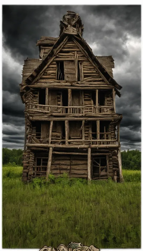 abandoned house near the forest, gray clouds before the rain, gloomy atmosphere