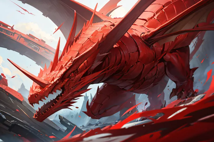 a red dragon rising from the shadows (front view)