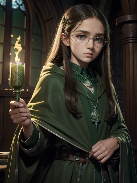 11 years old, Beautiful serious girl, long brown hair to the shoulder blades, Big shiny brown eyes, long eyelashes, eyeglasses, Hogwarts House Slytherin, Long green cloak,  Silver chain with a snake-shaped pendant around its neck, hogwarts on background, h...