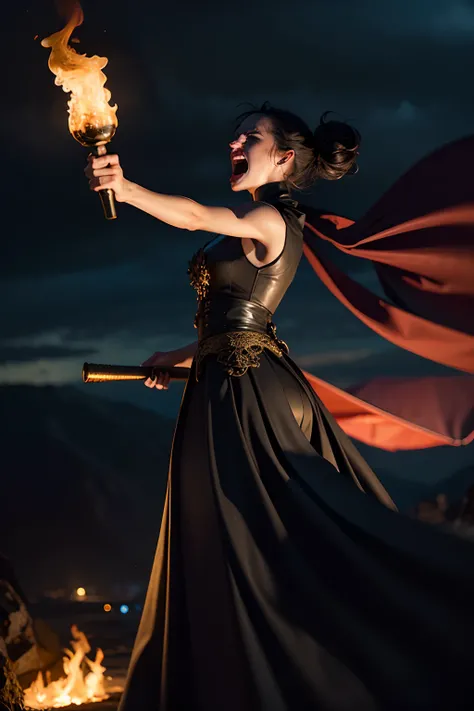 A woman who is an angry woman holding a flaming torch, screaming, background is dark sky with flames and smoke, mood is devastating, destructive, corrupting, deleterious, night time light, character design.