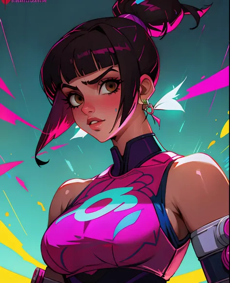 ((melhor qualidade)), ((master part)), ultra-detalhada, Juri Han,Menina bonita Juri Han de Street Fighter, Garota bonita, Neon light. veste um (Top Tecnologia-Desgaste) e um (corda preta, white pattern :1.2) , ((Beautiful and Aesthetic)), sexy, seios grand...