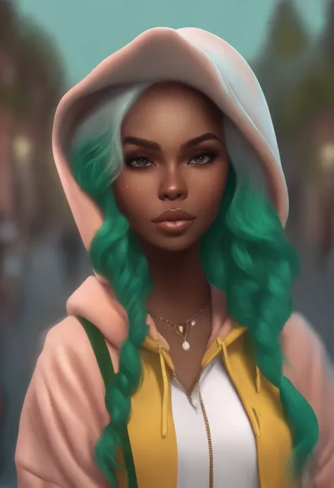 1fille, seulement, Solo Focus, Tir de cowboy, portrait, oversize hoodie, Aqua green and white hoodie, Half Aqua, half green, ((cheveux bruns)), (cheveux jaunes), (gradient hair :1.5), curly hair, ((yeux roses)), Hyperdetailed eyes, ainsi, (Dark skin carame...