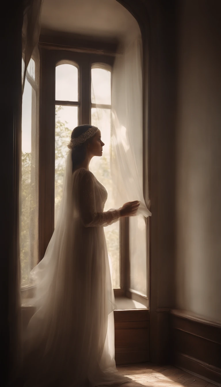 (high quality,ultra-detailed),ghost,next to the window,delicate colors,huge eyes,slight glow,LED lamp,soft shadows,ethereal atmosphere,transparent figure,hauntingly beautiful,subtle reflection,calmness and tranquility,vintage effect,ghostly presence,dreaml...