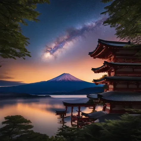 Master Parts、Superior Quality、superior image quality、The 8k quality、、Beautiful pictures of the starry sky、magnifica、Arched Milky Way、Mt fuji、torii gate、mare