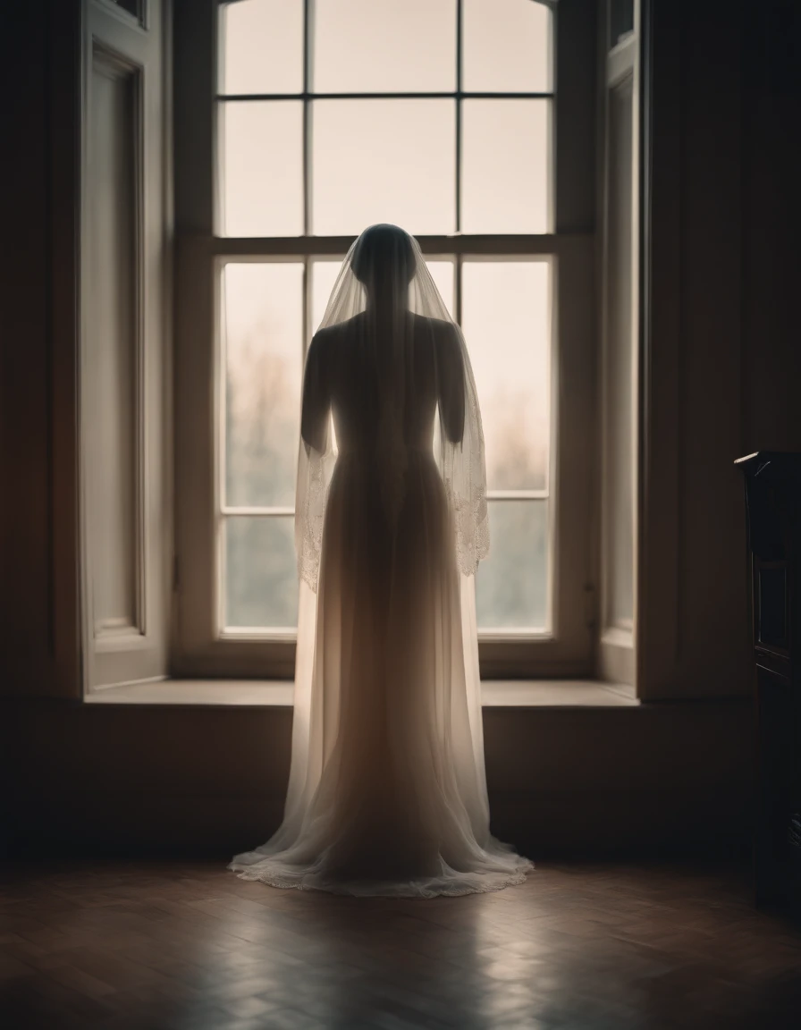 ghost next to the window, delicate colors, huge eyes, slight glow, LED lamp