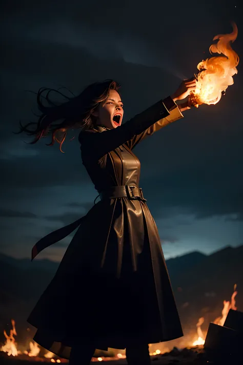 A woman who is an angry woman holding a flaming torch, screaming, background is dark sky with flames and smoke, mood is devastating, destructive, corrupting, deleterious, night time light, character design.