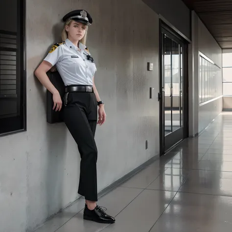 (best quality,highres,ultra-detailed,realistic),portrait,teenage security guard,sharp-focus image,standing in school,black leather shoes,formal trousers,belt with equipment,white dress shirt,police cap