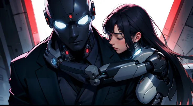 (a man (suit)) hugs (a cyborg woman)