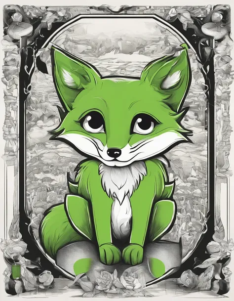 cute green fox in a black and white world, contrast,