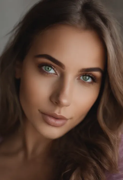 Femme arafed avec de moyens seins, fille sexy aux yeux verts hispanic  , Portrait Sophie Mudd, cheveux bruns et grands yeux, selfie of a young woman, Yeux de chambre, Violet Myers, sans maquillage, maquillage naturel, looking straight at camera, Visage ave...