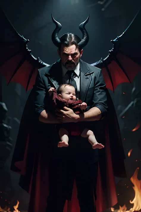 An angry man who is a devil with bat wings, holding a neglected crying baby, background is the flames of hell, mood is degradation, decadence, alienation, mendacity, night time light, character design.