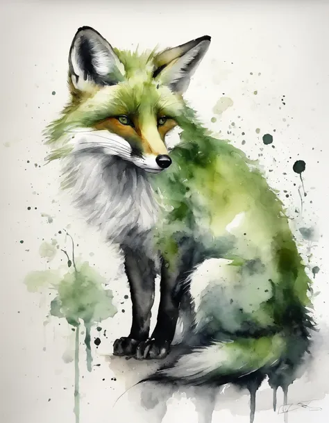 cute green fox in a black and white world, contrast,