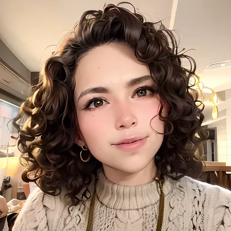 arafed woman with curly hair wearing a sweater and a necklace, messy curly hair, her face framed with curls, curly and short top hair, by Emma Andijewska, no makeup wavy hair, curly middle part haircut, brown curly hair, curled slightly at the ends, curly ...