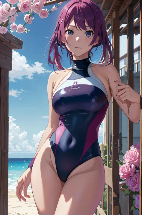 Obra maestra, La mejor calidad, Altas Resoluciones, sh1, Senjougahara Hitagi, Cabello largo, mangas largas,((( high neck swimsuit rosa claro))),muslos , Disparo de vaquero, Brazos cruzados,sakura