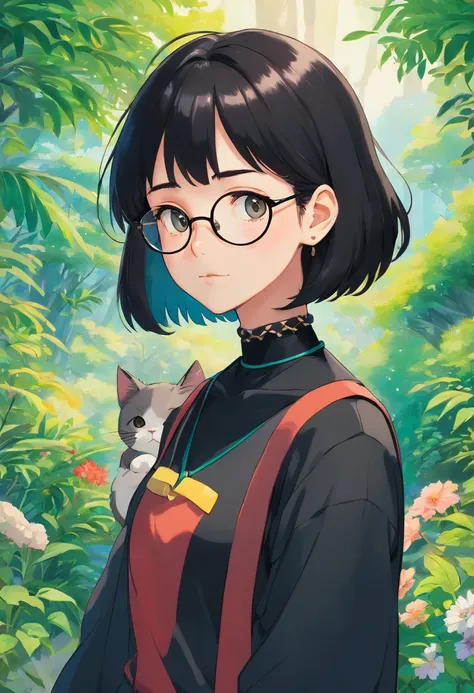 a girl wearing an anime choker, in the style of tranquil gardenscapes, colorful animation stills, masami teraoka, black clothes, paul gauguin, Embry style, honest portrayal, black hair, pale, white skin, glasses, short hair, cute, with a cat