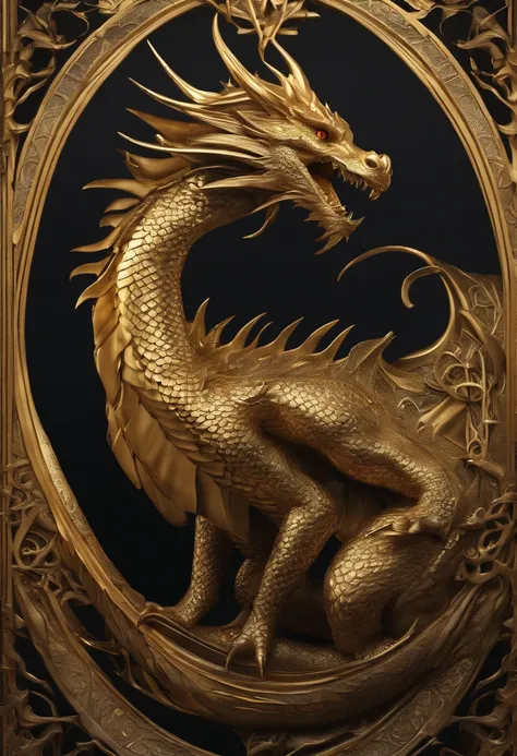 Dragon an intricate art nouveau edges, with golden entertwined edges and empty black center, highly detailed, artstation, concept art, matte, sharp focus,