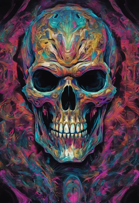 Close-up of a skull with an angry eye, Wikinger-Symbole, Impact on the skull, Broken teeth, Fantasy Skull, Frighteningly colorful detail drawing, gruselige bunte kunst 8k, Holy Skull, Psychedelic Hintergrundbeschwörung, Detaillierte digitale Kunst, Textur,...