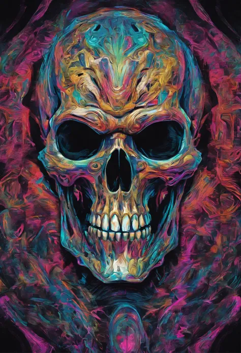 Close-up of a skull with an angry eye, Wikinger-Symbole, Impact on the skull, Broken teeth, Fantasy Skull, Frighteningly colorful detail drawing, gruselige bunte kunst 8k, Holy Skull, Psychedelic Hintergrundbeschwörung, Detaillierte digitale Kunst, Textur,...