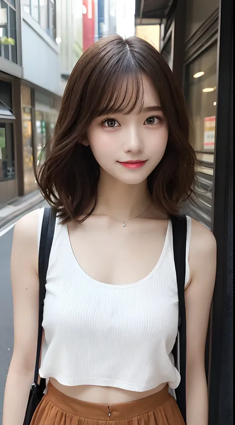 hight resolution, top-quality, Perfect dynamic composition, Beautiful detailed eyes, skirt by the、Tank tops、Radiant hair、Medium Hair, Natural Color Lip, college aged、Harajuku、A slight smil、full bodyesbian、1人の女性、