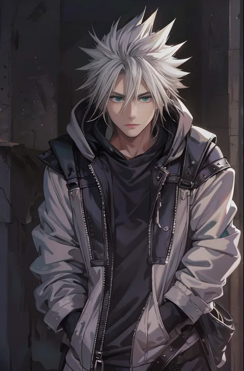 green eyes, white hoodie, spikey hair, white hair, cloud strife, dark backdrop,masterpiece, detailed, 4k,8k,anime,