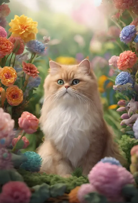 /digital a stunning photo of a couple Persian cat surrounded by plants in a flower meadow, 8k resolution concept art( intricate details:1.2), sunlight, (high quality:1.2), trending on artstation, 8k, absurdres, extremely detailed fur, (close up:1.1)