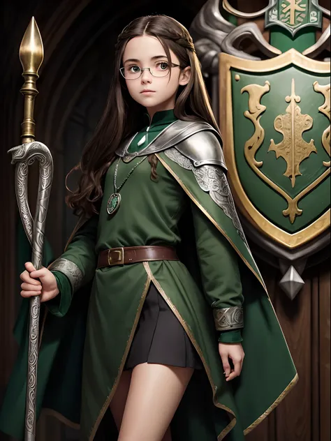 11 years old, Beautiful serious girl, long brown hair to the shoulder blades, Big shiny brown eyes, long eyelashes, eyeglasses, Hogwarts House Slytherin, Long green cloak,  Silver chain with pendant(Coat of arms of the House of Slytherin) On the neck, hogw...