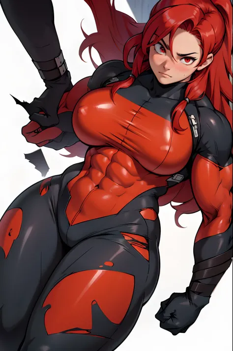 ((1 girl)), ((((muscular)))), toned body, red hair, red eyes, (huge breasts), ((extremely long hair)), (close up), bodysuit, (torn clothes), blushing