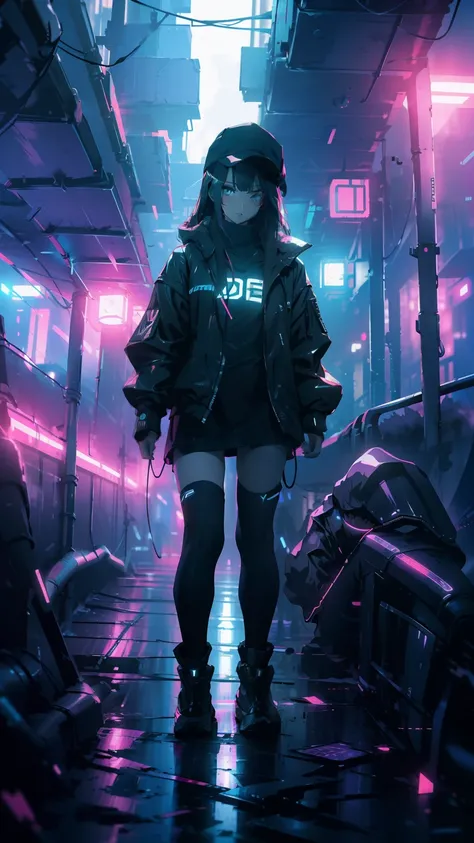 Ultra detail, high resolution, ultra detailed, best quality, Girl tech wear, cyberpunk stile, tech wear stile, black windbreaker jacket, dark cap, dark environment with fog, full body, fog, HD, cyberpunk city,