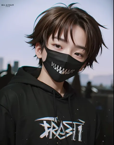 Asian boy wearing a black mask with sharp teeth on it, brown hair, wearing a black hoodie,