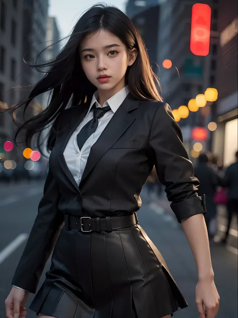 Best quality, masterpiece, ultra high res, (photorealistic:1.4), raw photo, (perfect body shape), dynamic pose, 1girl, waist up, solo, school uniform, in the dark, night, on the street, deep shadow, low key, cold light 12000K