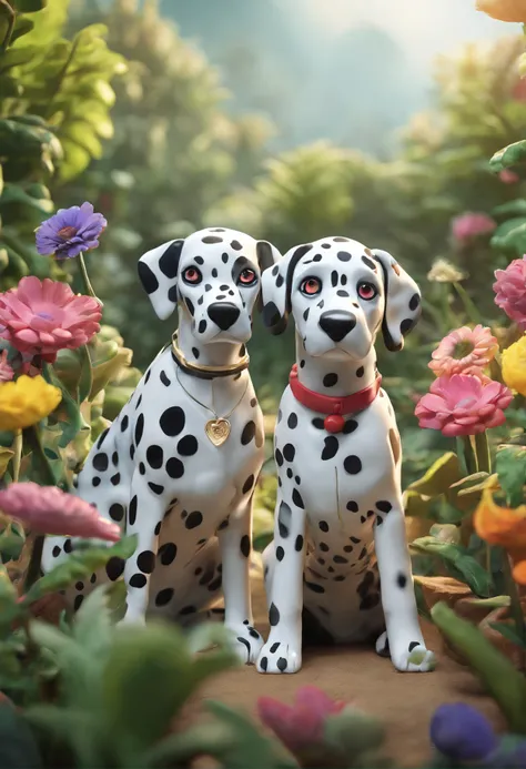 a stunning photo of a couple dog (Dalmatian) surrounded by plants in a flower meadow, 8k resolution concept art( intricate details:1.2), sunlight, (high quality:1.2), trending on artstation, 8k, absurdres, extremely detailed fur, (close up:1.1)