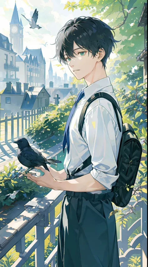 masterpiece, best quality, 1boy, male focus, handsome, residential area, fence, spindle trees, afternoon sun, the way home from school, school uniform, backpack, flock of birds, from directly side, depth of field